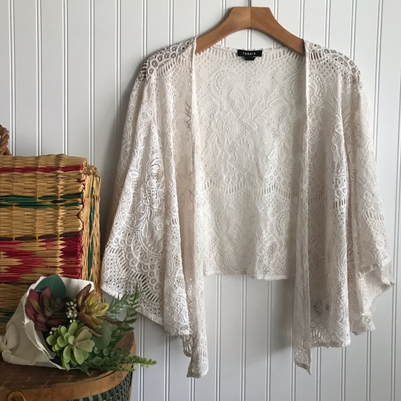 torrid Tops - Torrid Cream Crochet Lace Cropped Kimono